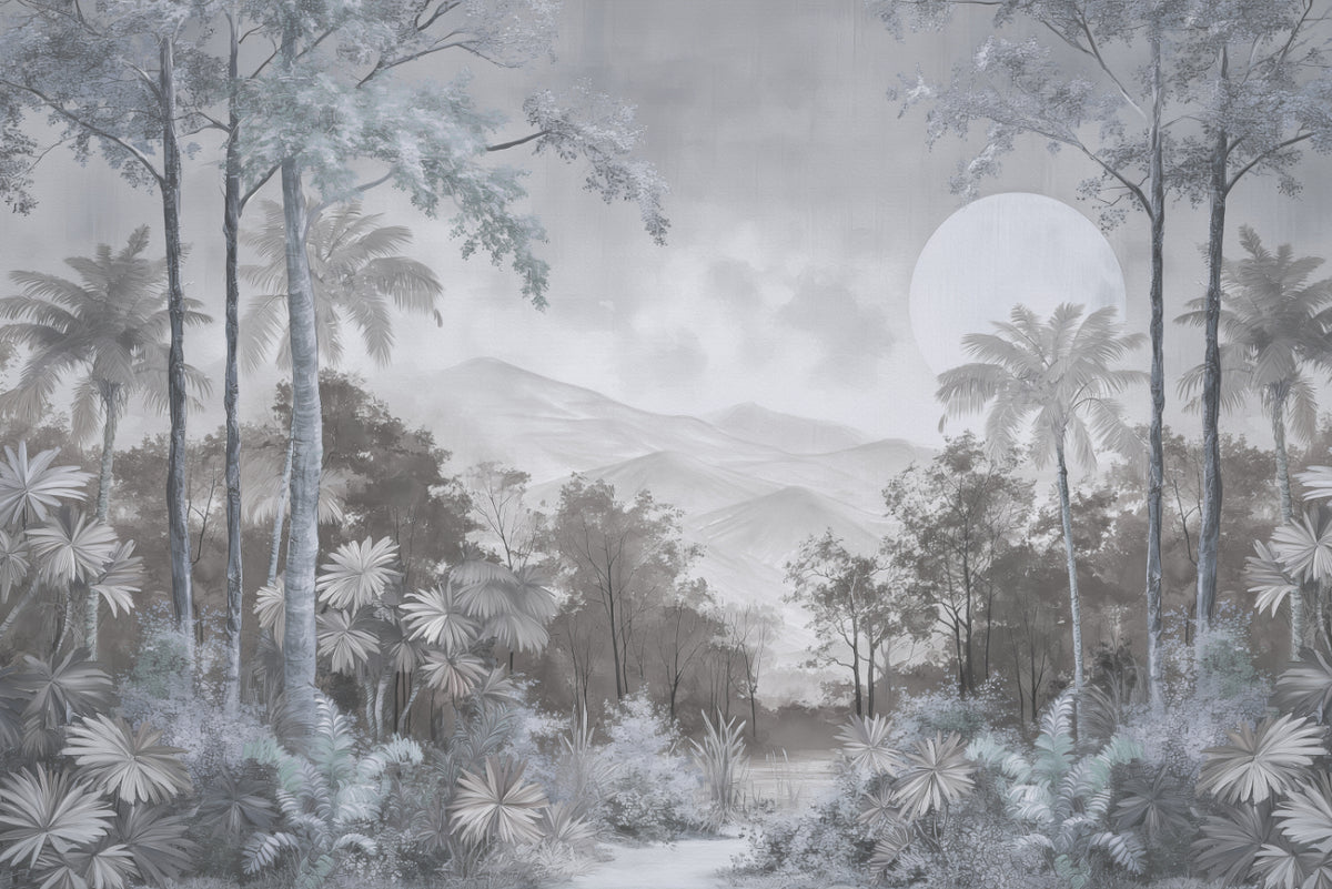 Monochrome Jungle Landscape Wallpaper in your room — zoomed