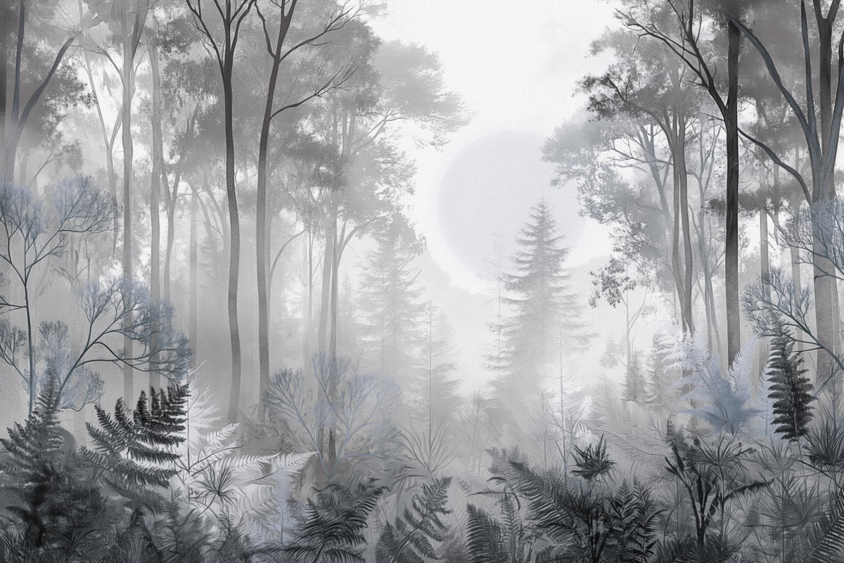 Foggy Woodland Nature Wallpaper in your room — zoomed