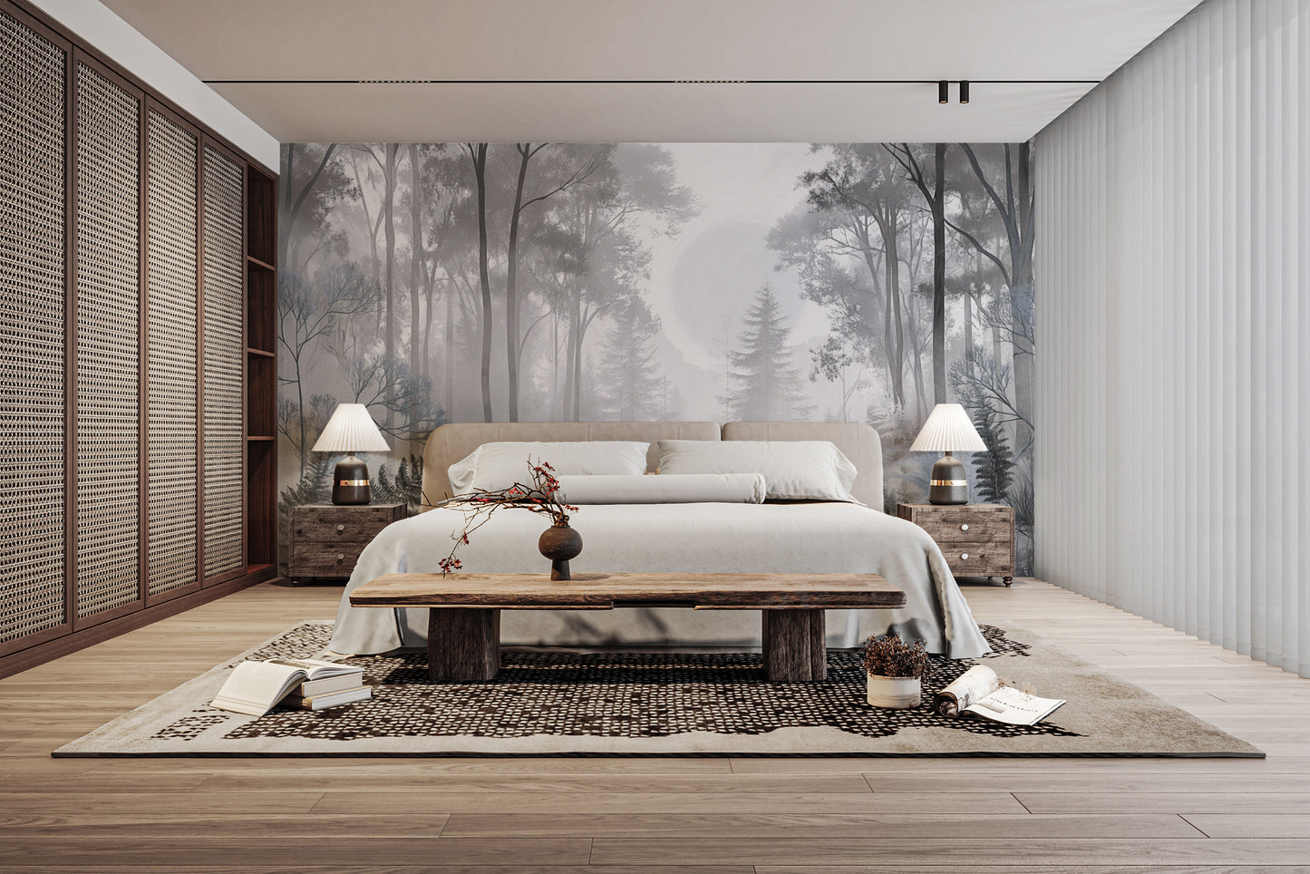 Misty woodland wall mural décor
