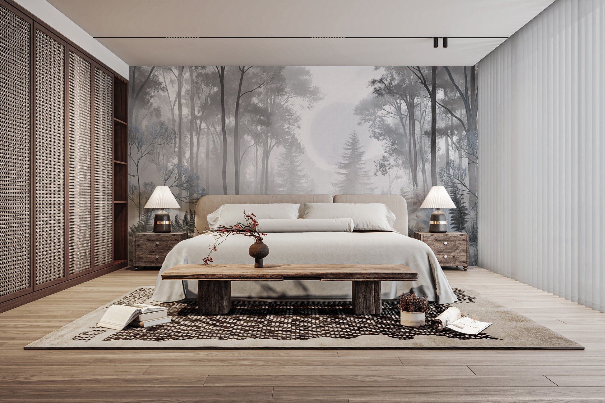 Misty woodland wall mural décor
