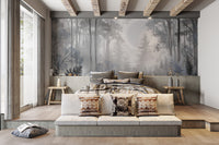 Tranquil foggy forest wall design
