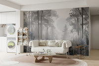 Nature-inspired foggy woodland mural
