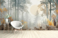Golden woodland sunrise nature mural
