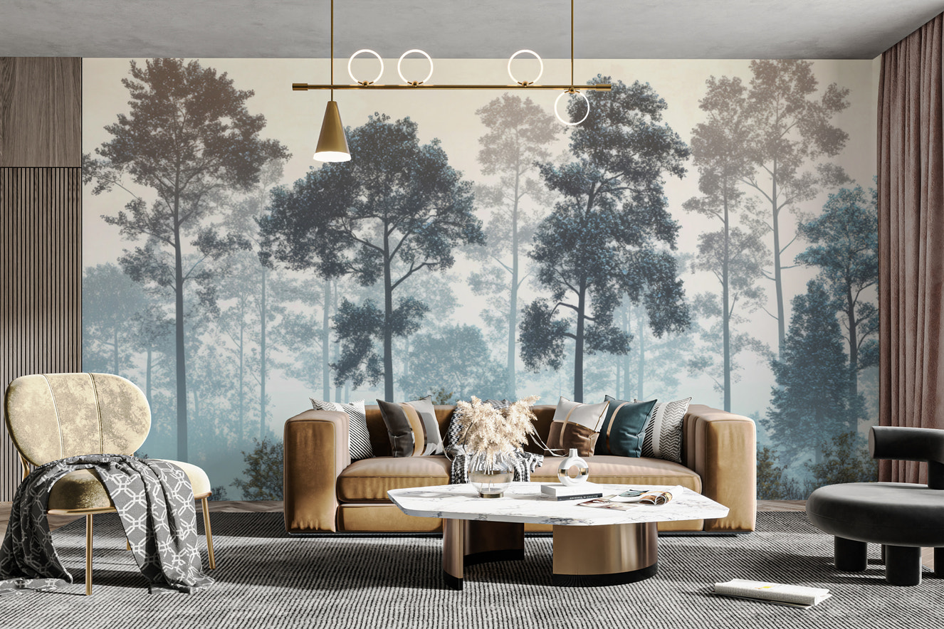 Tranquil misty woodland tree wallpaper
