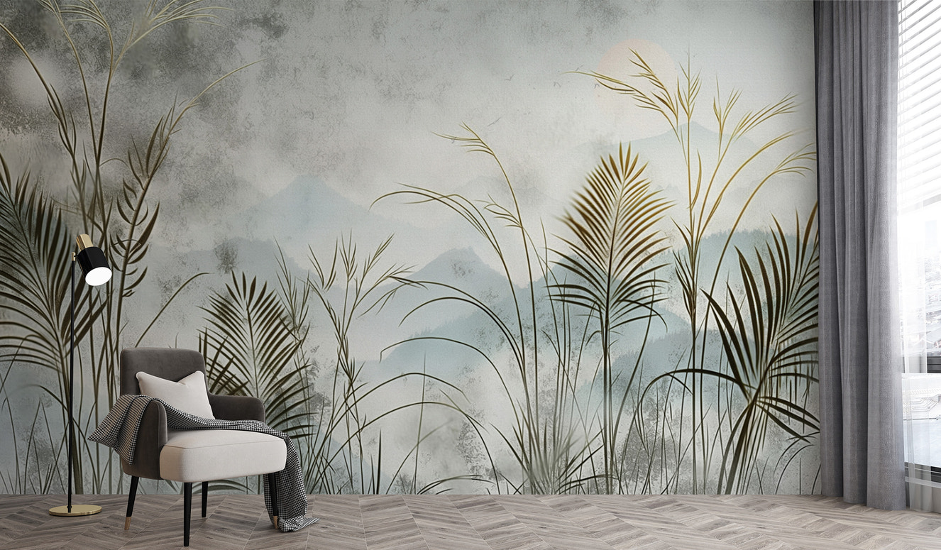 Buy Misty Tropical Grassland Wallpaper – Serene Botanical Wallpaper

