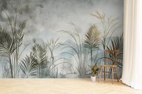 Misty tropical grassland wallpaper design
