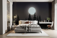 Pine silhouette wallpaper with bright moon
