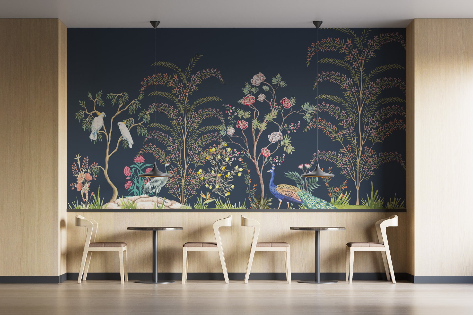 Botanical wallpaper with exotic birds
