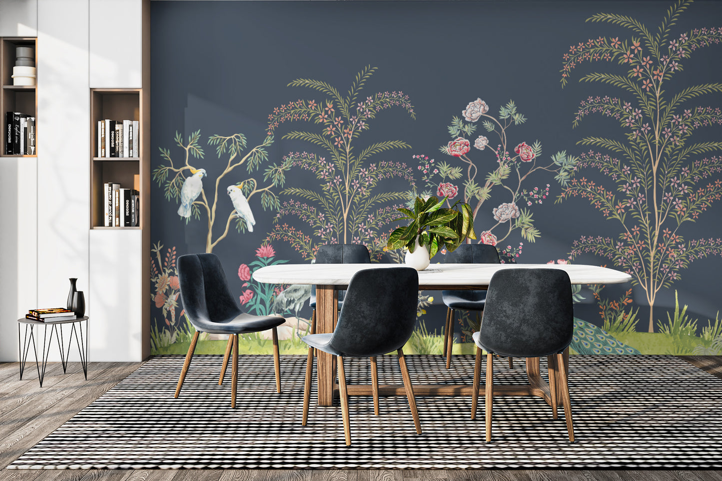 Exotic birds in botanical wallpaper
