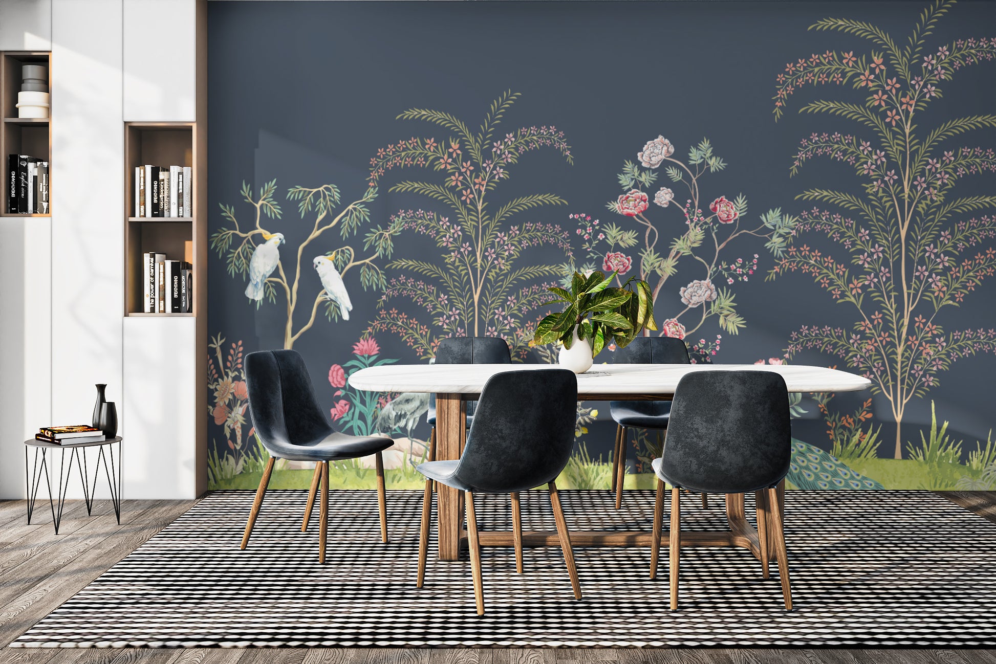 Exotic birds in botanical wallpaper
