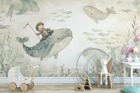 Child riding whale ocean wallpaper
