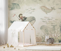 Whimsical whale ride kids wallpaper
