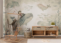 Cartoon whale ocean wallpaper design
