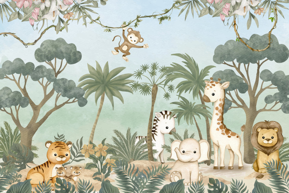 Jungle Wildlife Nursery Wallpaper in your room — zoomed