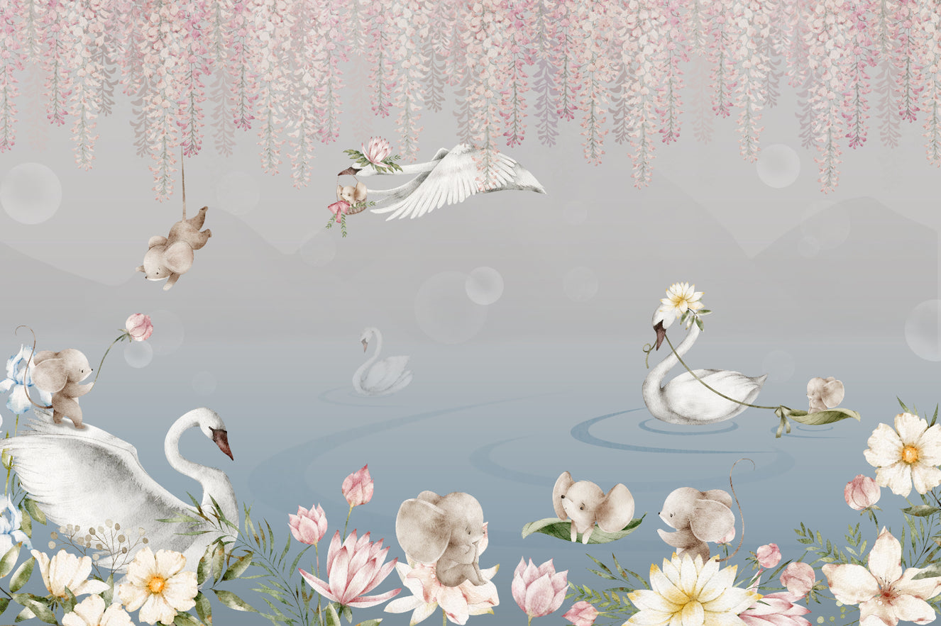 Swan Lake and Baby Elephants Wallpaper