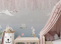 Charming bunnies and swans wallpaper

