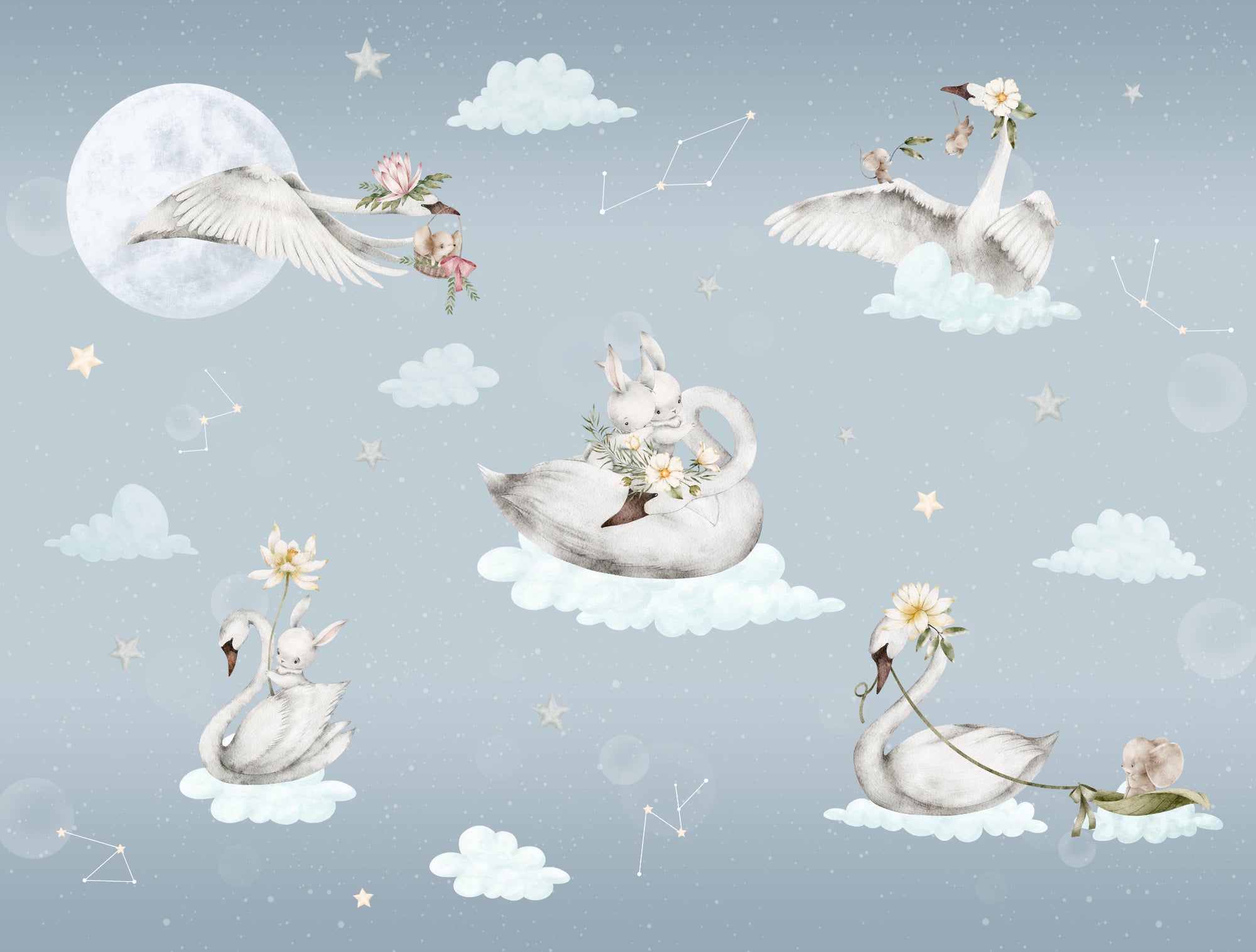 Floating Swans and Bunnies Wallpaper