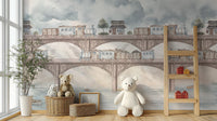 Vintage train kids wallpaper with soft colors
