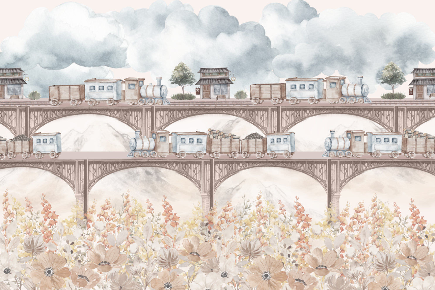 Vintage Floral Train Wallpaper