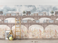 Soft pastel floral train wall mural
