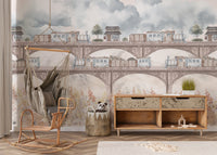 Charming vintage train and floral wallpaper
