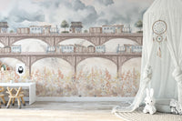 Kids room wallpaper with floral train design
