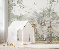 Nursery wallpaper with dinosaurs and volcanoes
