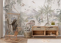Kids room wallpaper with dinosaurs landscape
