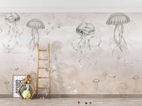 Jellyfish Beige Ocean Mural Wallpaper
