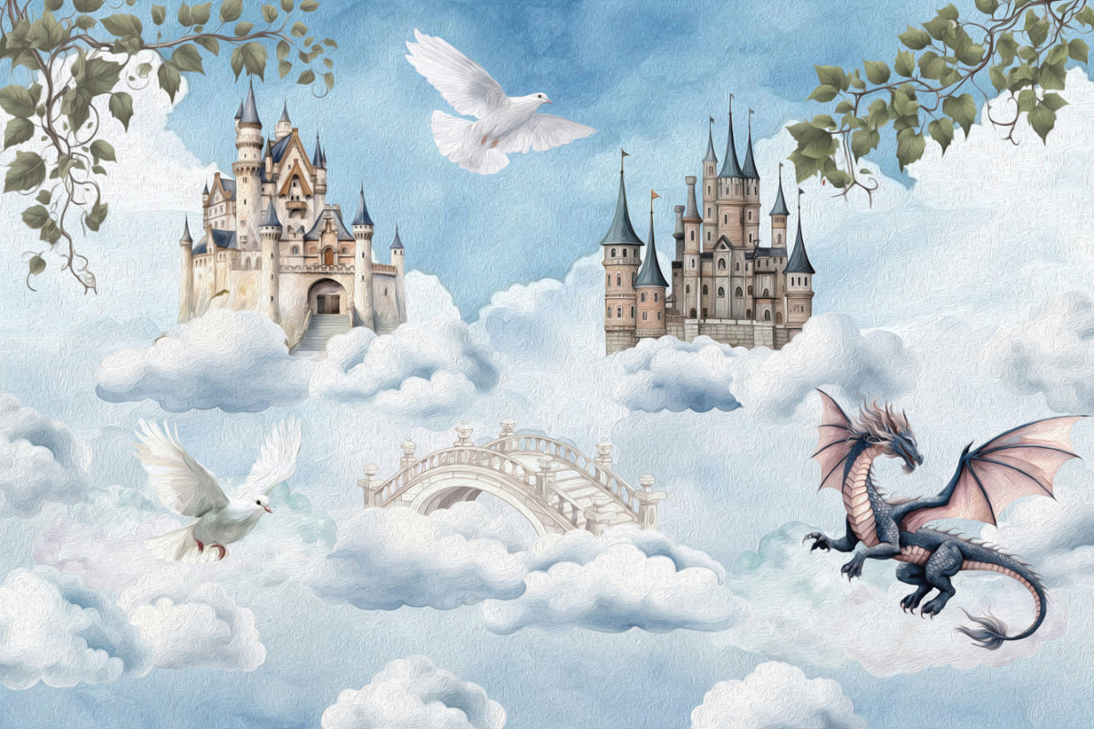 Flying Dragon Fantasy Castle Wallpaper