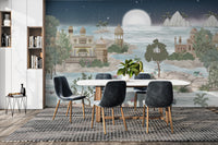 Serene palace scene with lotus pond and palm trees