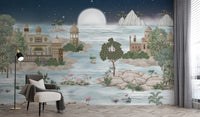 Moonlit palace wallpaper with tranquil water scene