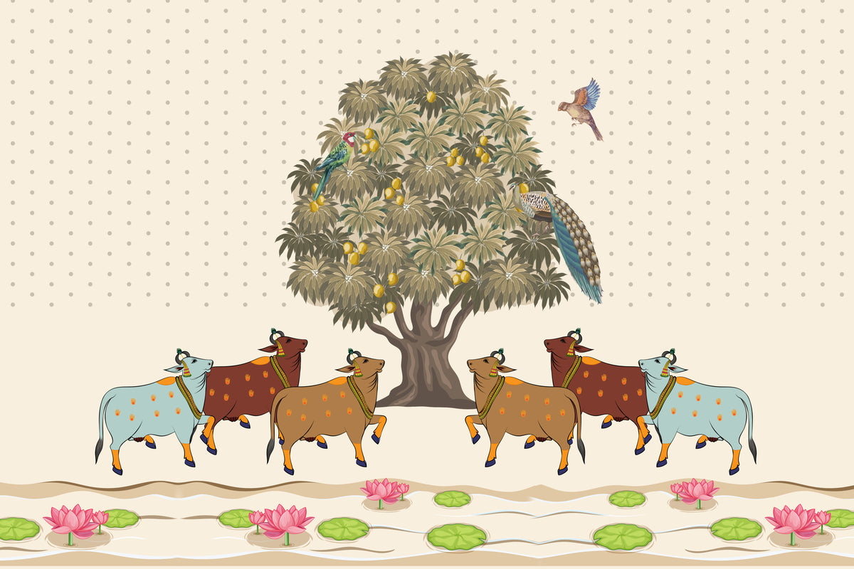 Mango Grove Pichwai Wallpaper in your room — zoomed