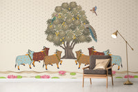 Peaceful Mango Grove Pichwai Wallpaper scene.

