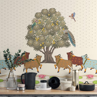Detailed Mango Grove Pichwai Wallpaper print.

