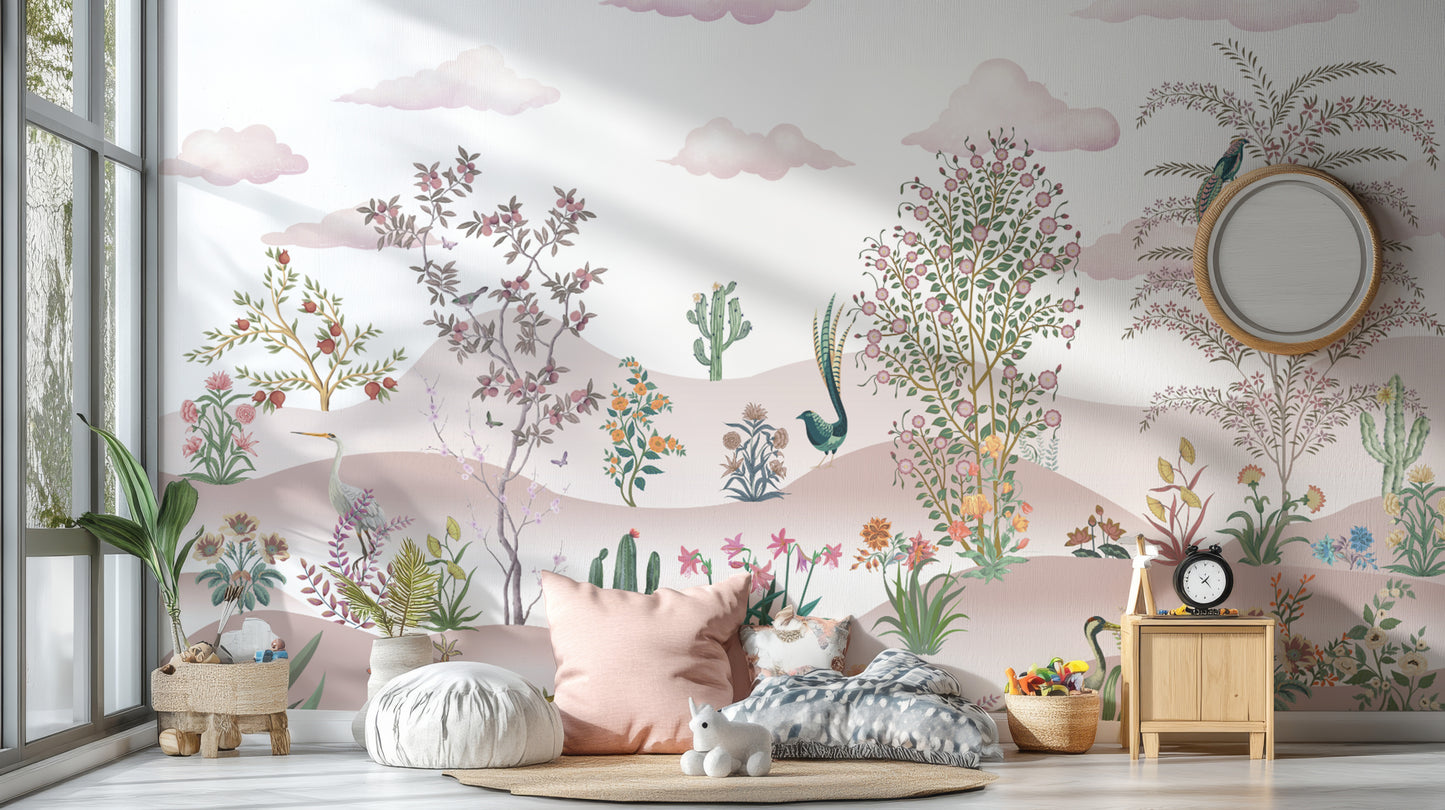 Desert-themed botanical wallpaper mural
