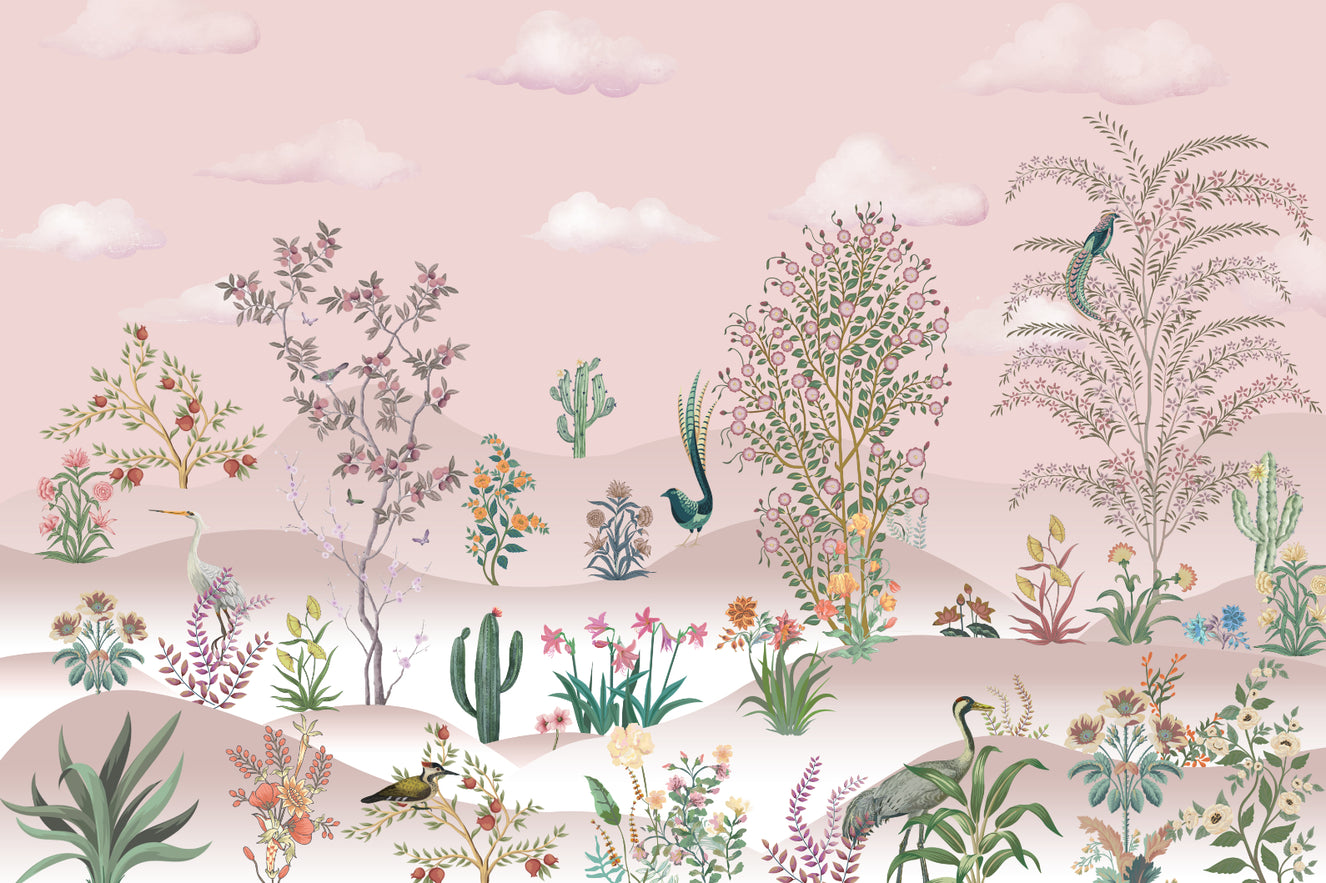 Pink Vintage Desert Botanical Wallpaper