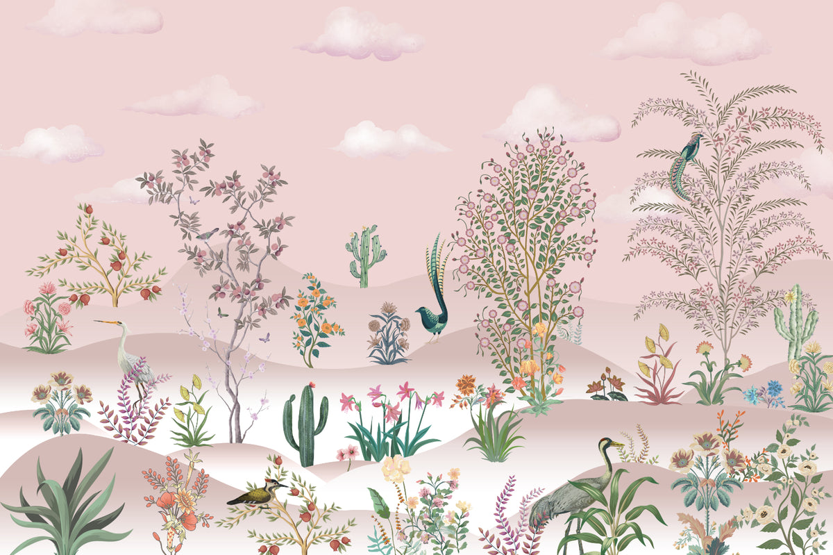 Pink Vintage Desert Botanical Wallpaper in your room — zoomed