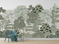 Serene botanical forest mural design
