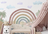 Soft rainbow mural with natural landscape

