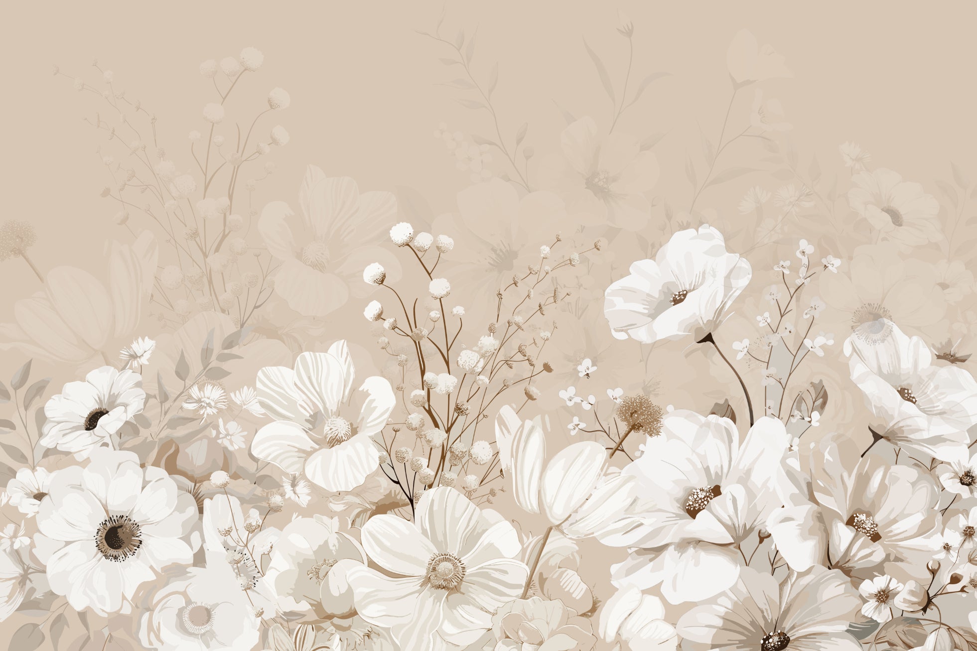 Beige Neutral Floral Wallpaper Mural