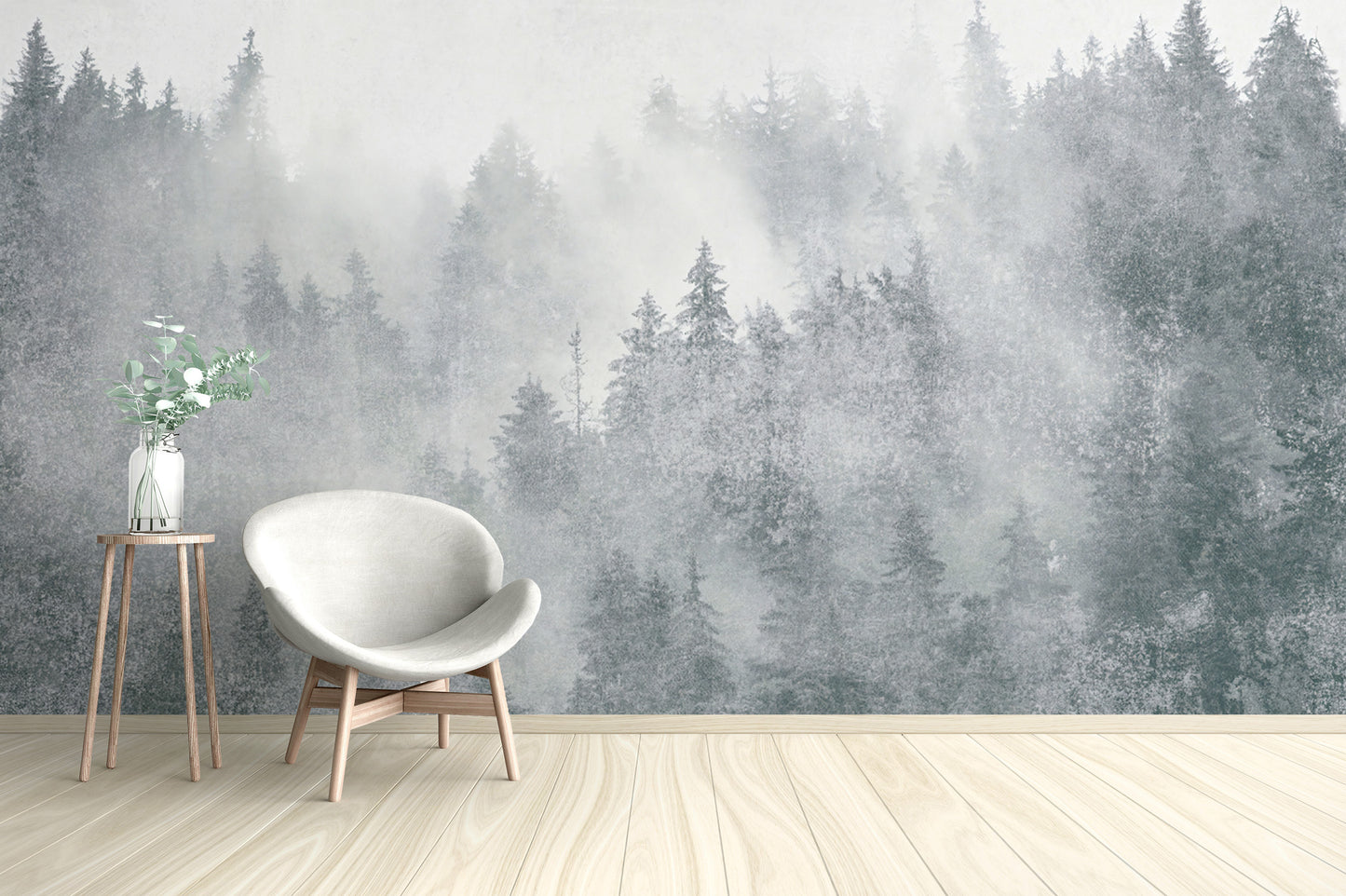 Misty woodland pine tree wallpaper