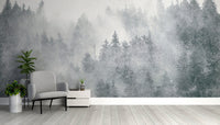 Foggy pine tree forest wall mural
