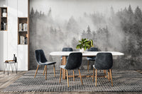 Monochrome pine trees in mist mural
