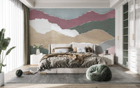 "Torn paper collage wallpaper in muted shades"
