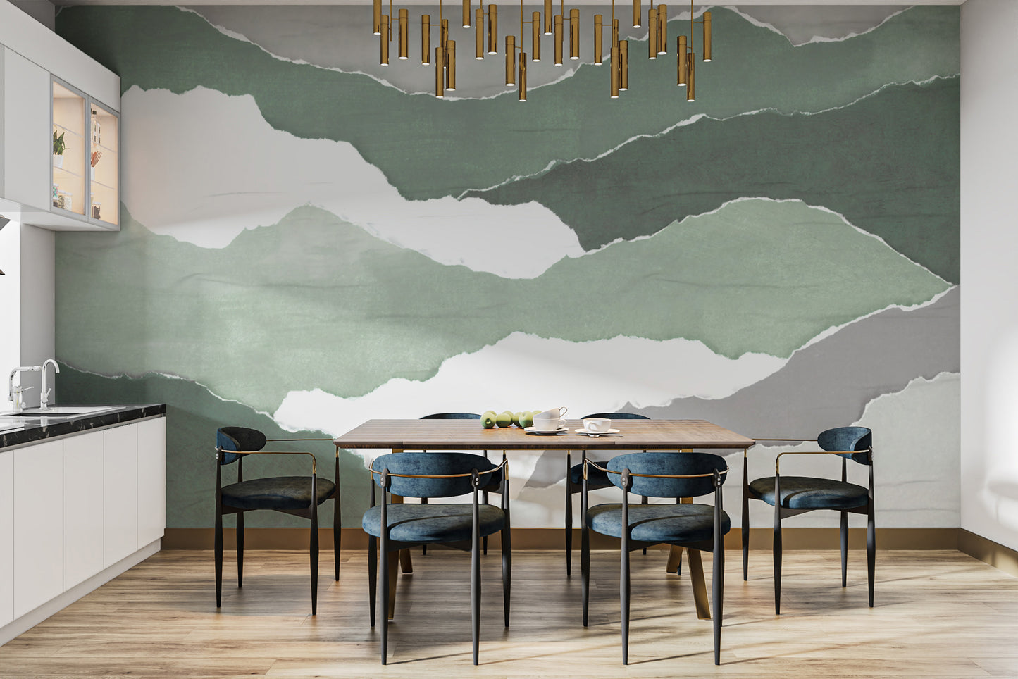 "Green landscape-style torn paper wallpaper"
