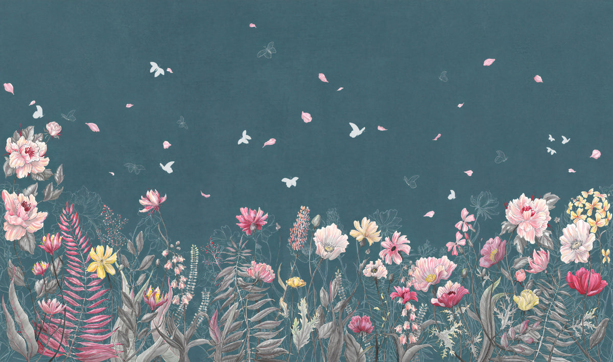 Teal Floral Botanical Wallpaper in your room — zoomed