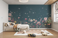 "Teal botanical wallpaper with floral prints"
