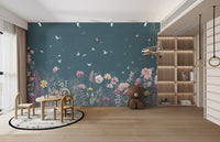 "Elegant teal wallpaper with blooming flowers"
