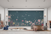 "Teal wallpaper featuring delicate botanicals"
